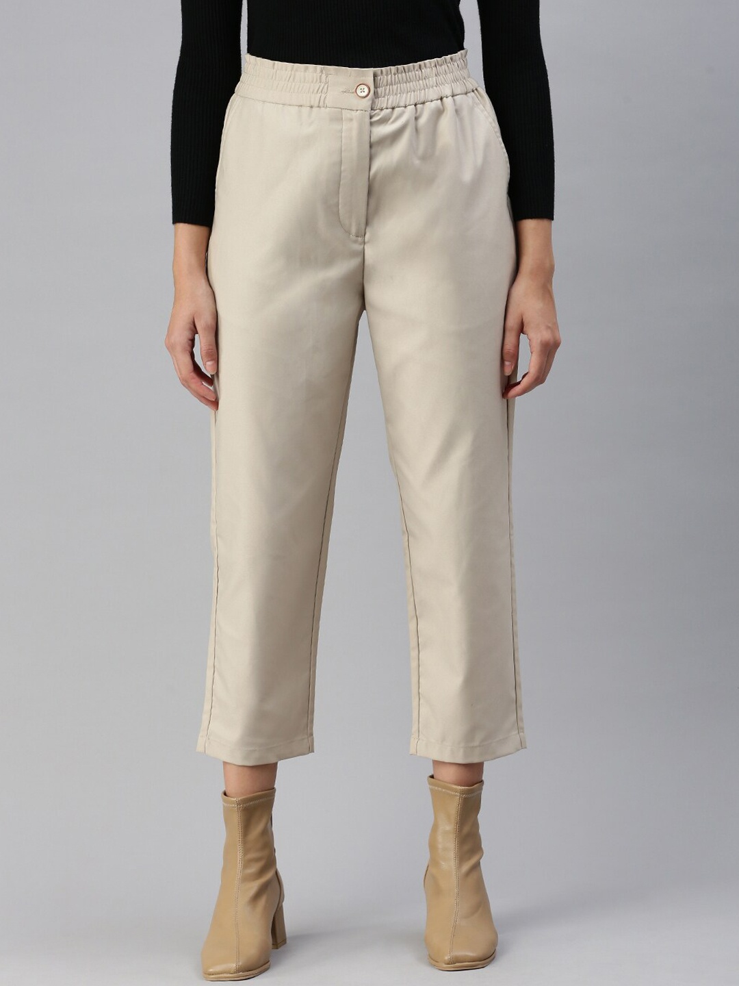 

De Moza Women Relaxed Loose Fit High-Rise Plain Trousers, Cream