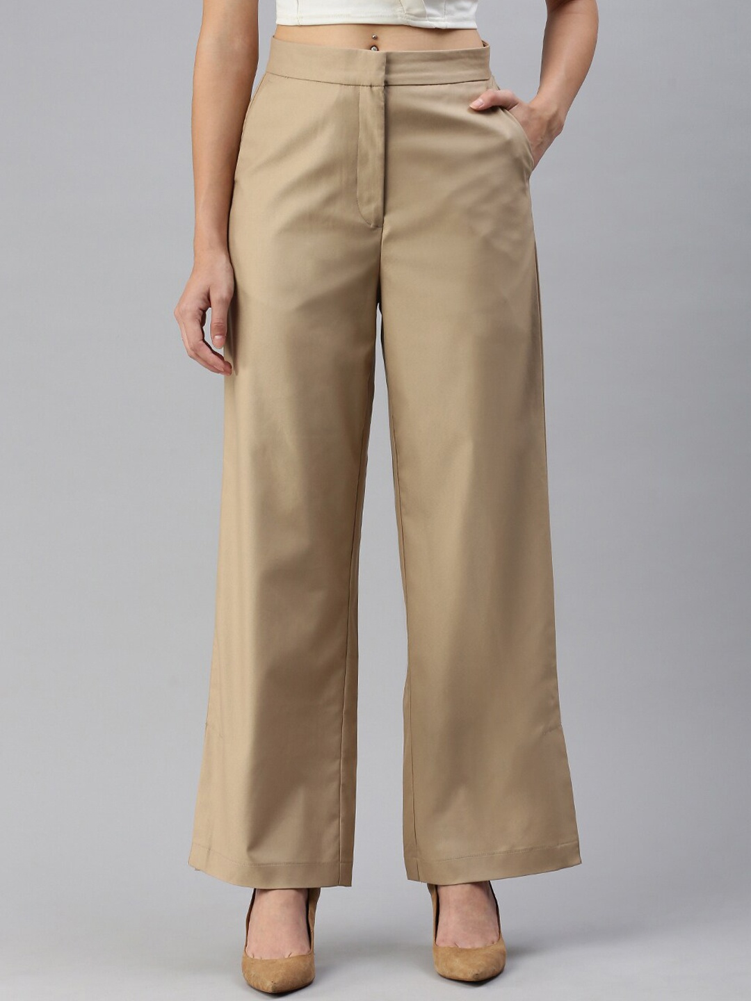 

De Moza Women Relaxed High-Rise Formal Trousers, Beige