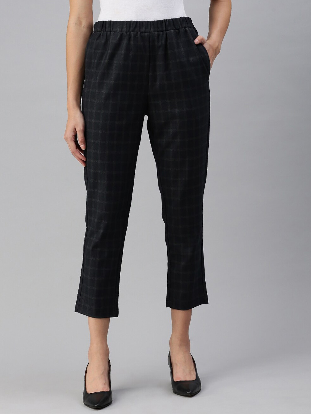 

De Moza Women Checked Relaxed High-Rise Formal Trousers, Black