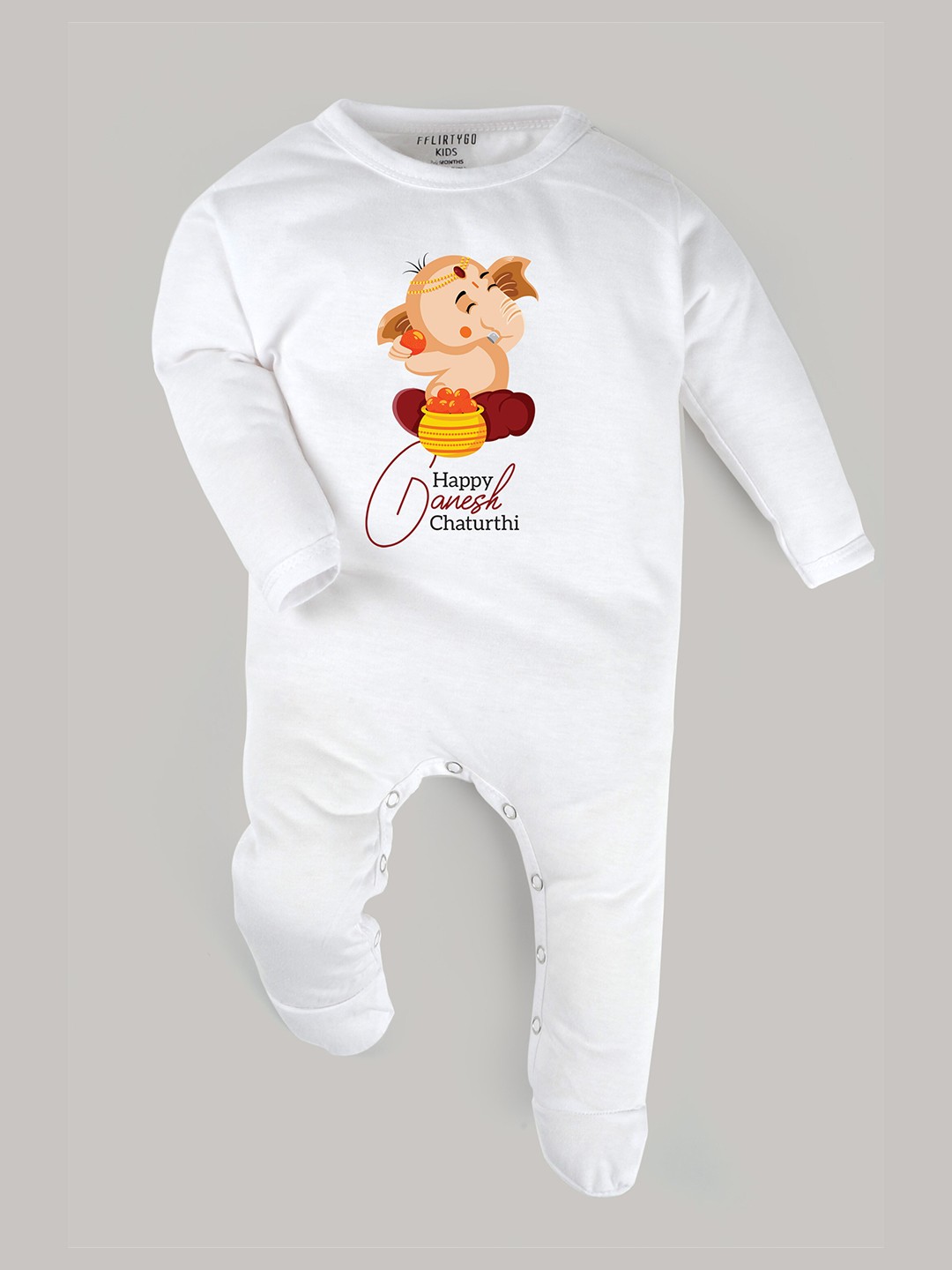

FFLIRTYGO Infants Ganesh Chaturthi Special Sleepsuits, White