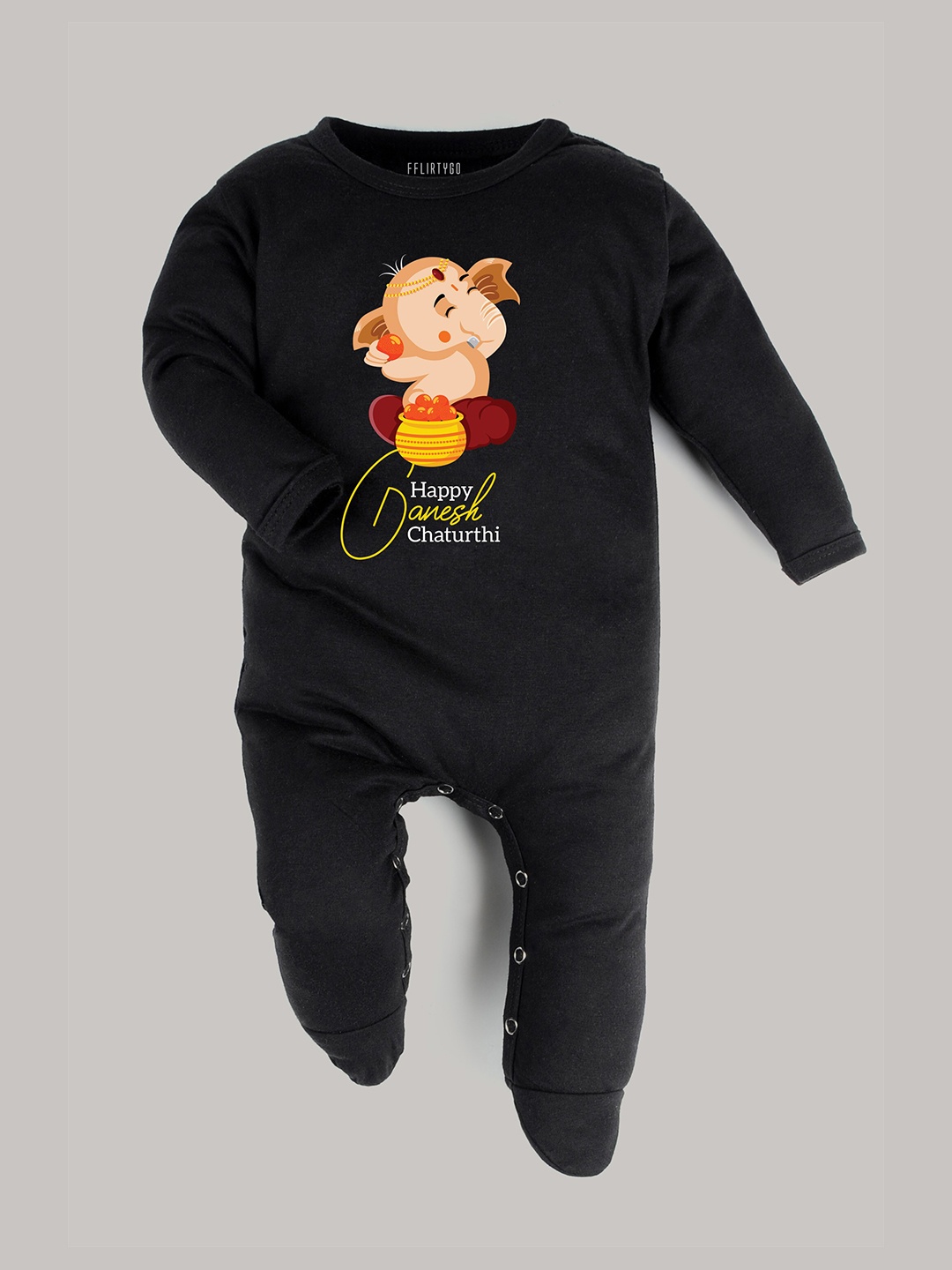 

FFLIRTYGO Infants Ganesh Chaturthi Special Printed Pure Cotton Sleepsuits, Black