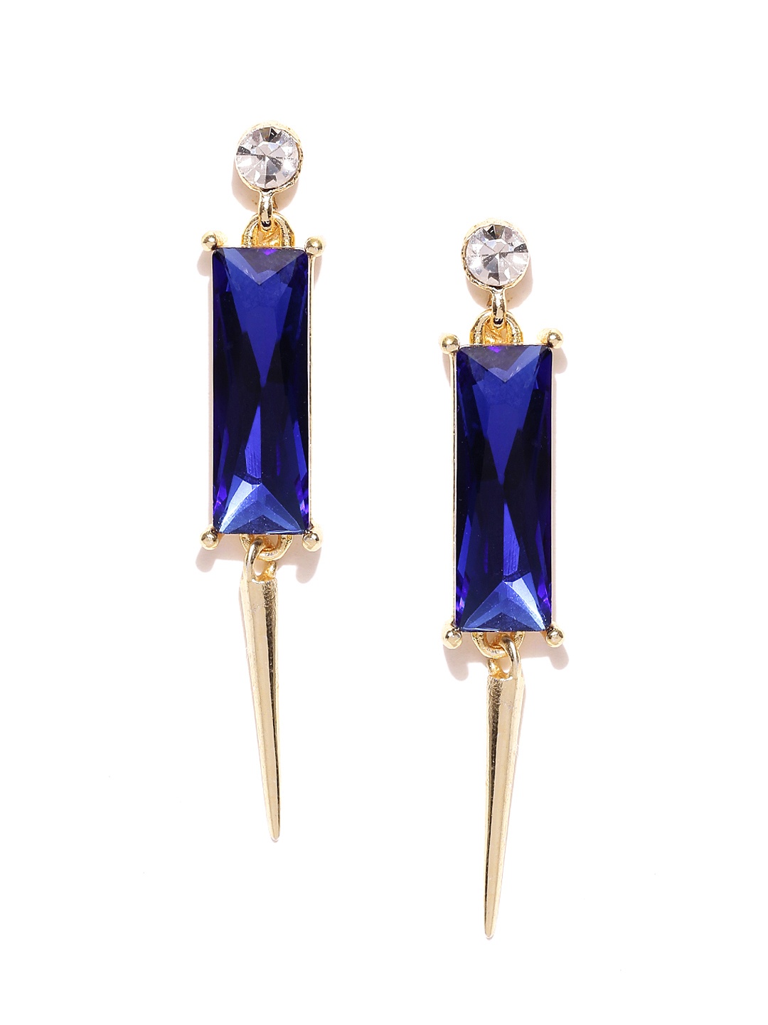 

Crunchy Fashion Gold-Toned & Blue Stone-Studded Geometric Drop Earrings