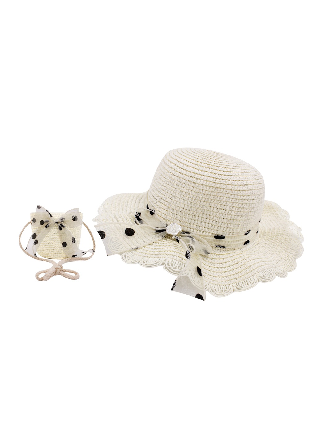 

JENNA Girls Polka Dot Self Design Bow Sun Hat & Sling Bag, White