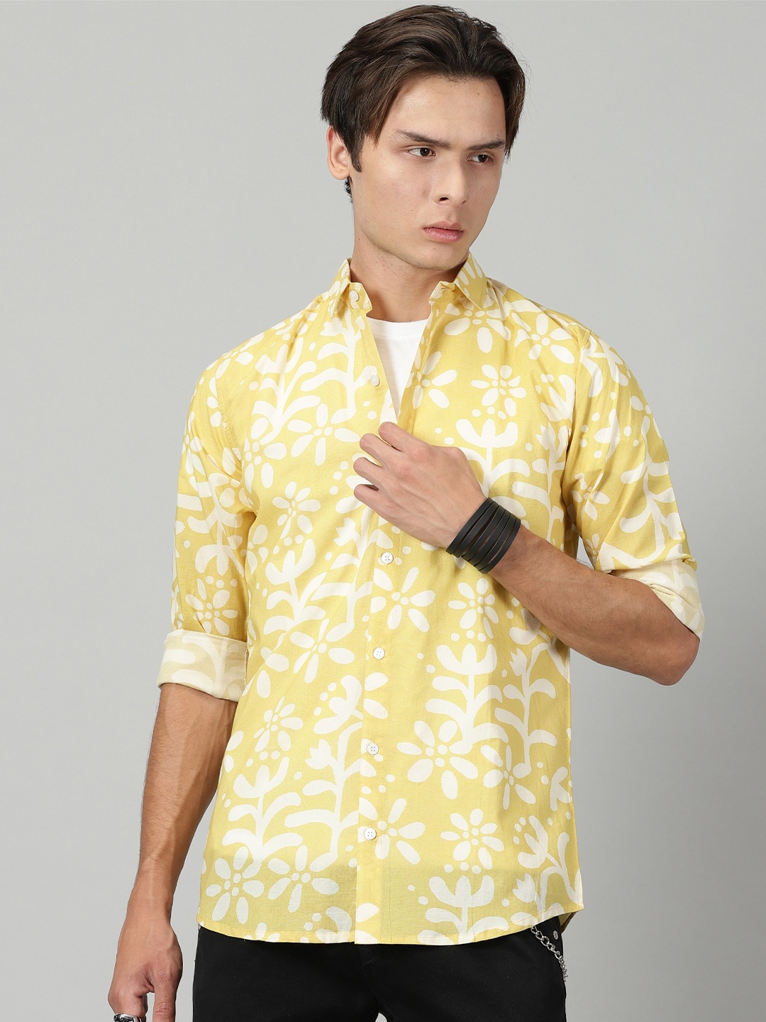 

LAKAALA Premium Floral Printed Opaque Pure Cotton Casual Shirt, Yellow