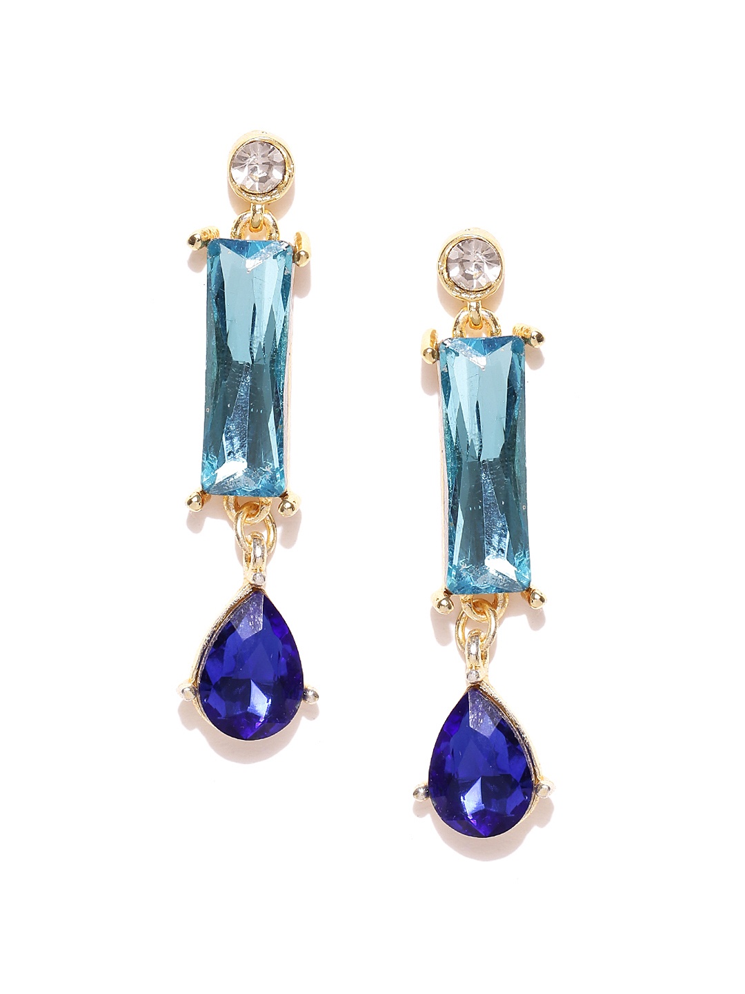

Crunchy Fashion Gold-Toned & Blue Stone-Studded Geometric Drop Earrings