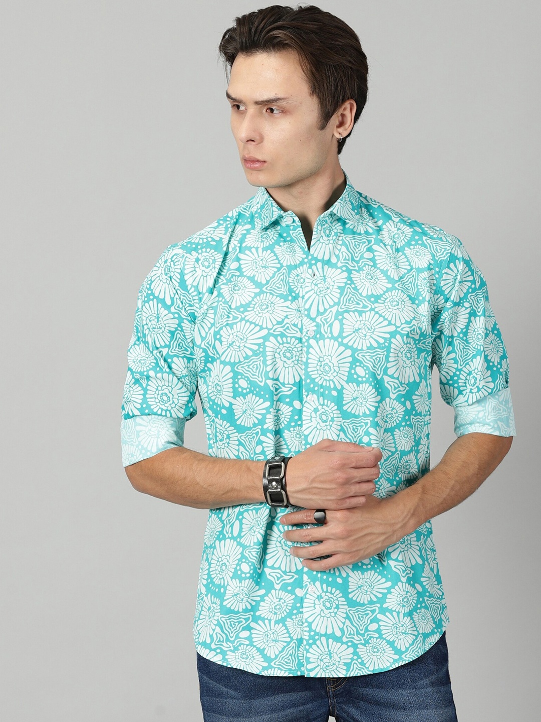 

LAKAALA Premium Floral Printed Pure Cotton Casual Shirt, Sea green