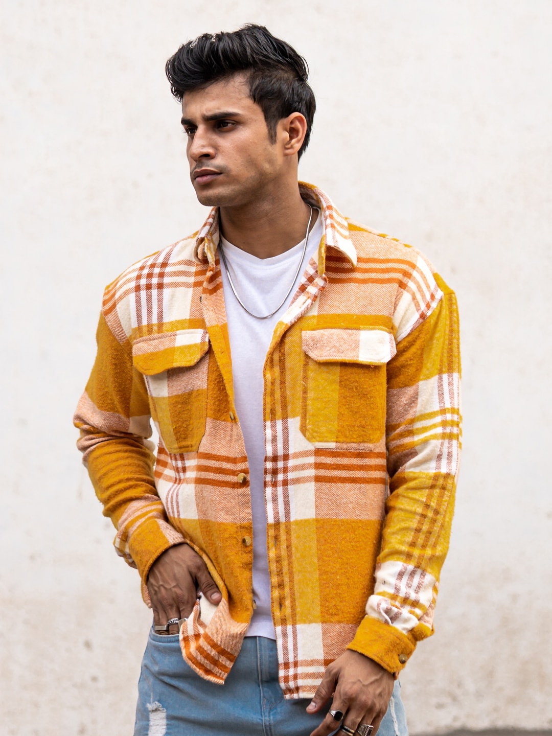 

Powerlook India Slim Tartan Checks Spread Collar Oversized Casual Shirt, Mustard