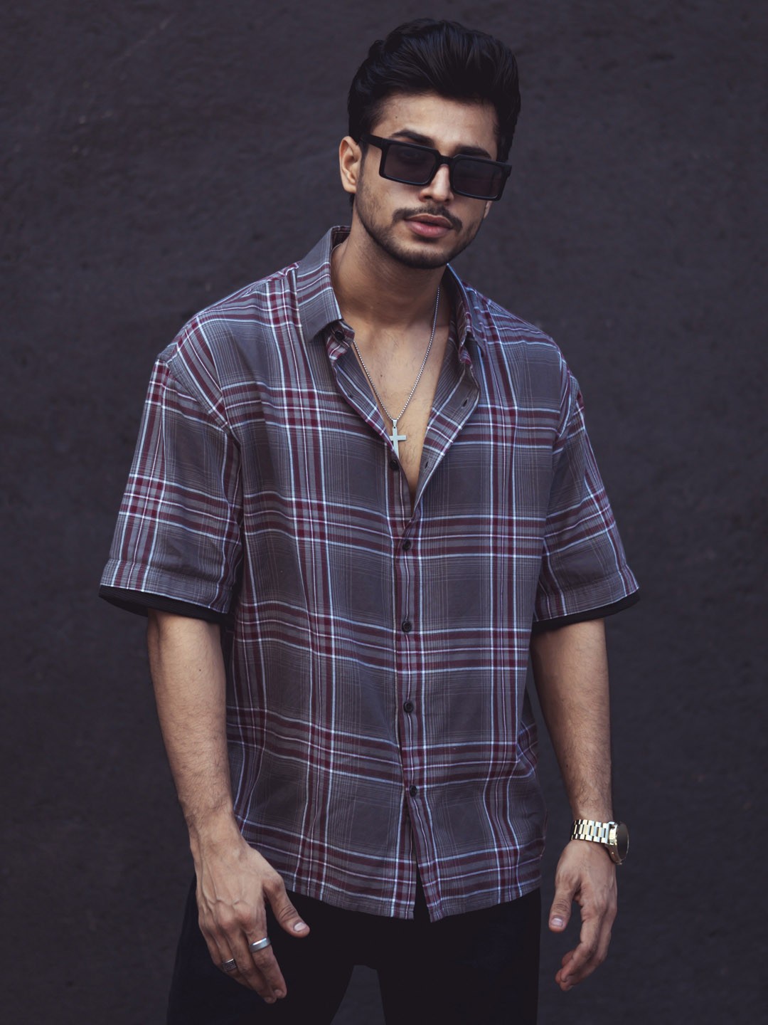 

Powerlook Tartan Checks Checked Oversized Casual Shirt, Grey