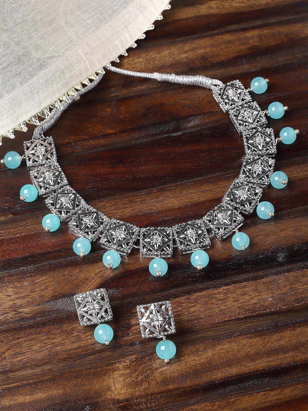 

KARATCART Oxidised Silver-Plated Beaded Kundan Necklace & Earrings, Blue