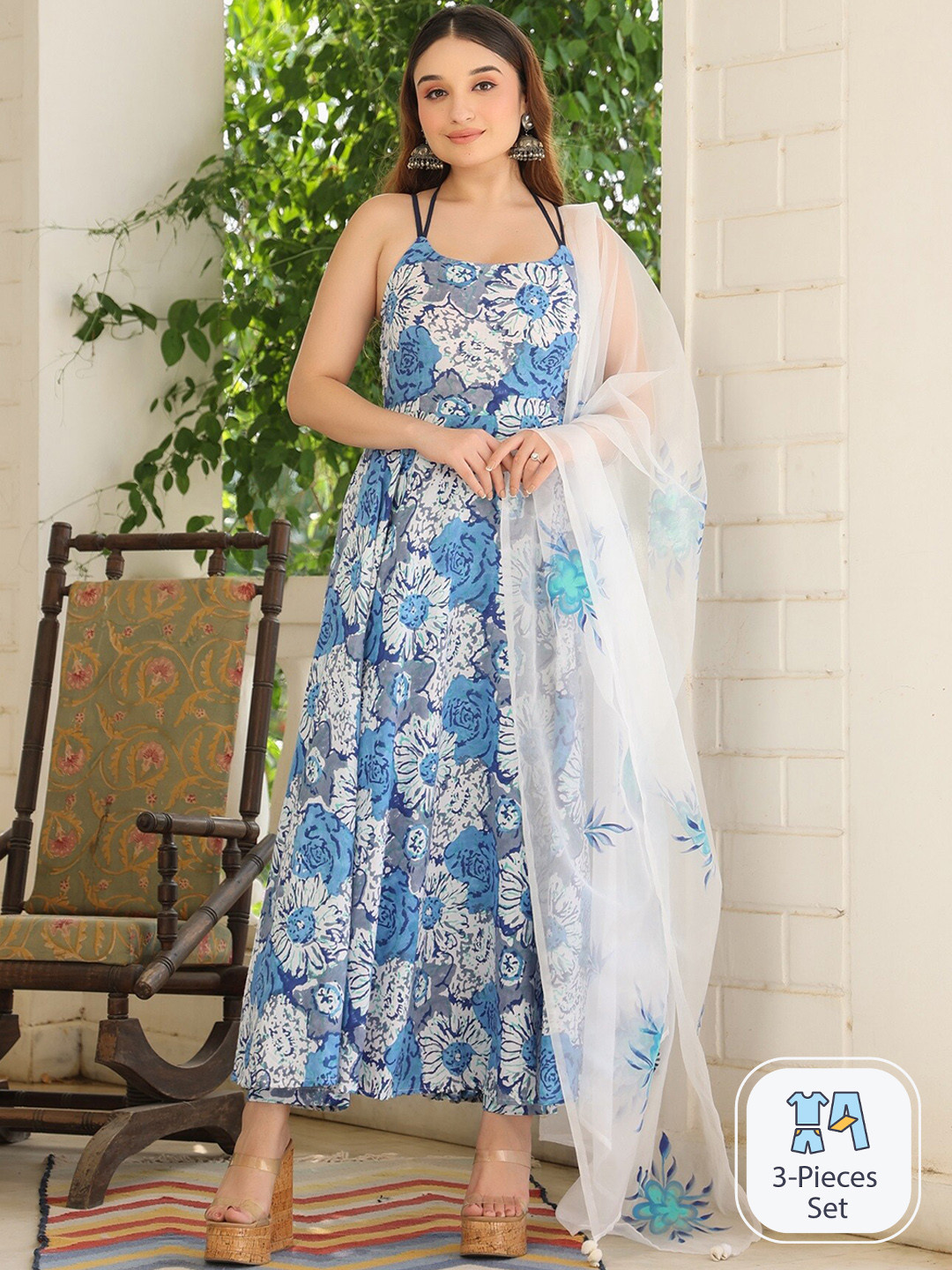 

PINKVILLE JAIPUR Floral Printed Anarkali Pure Cotton Kurta with Trousers & Dupatta, Blue