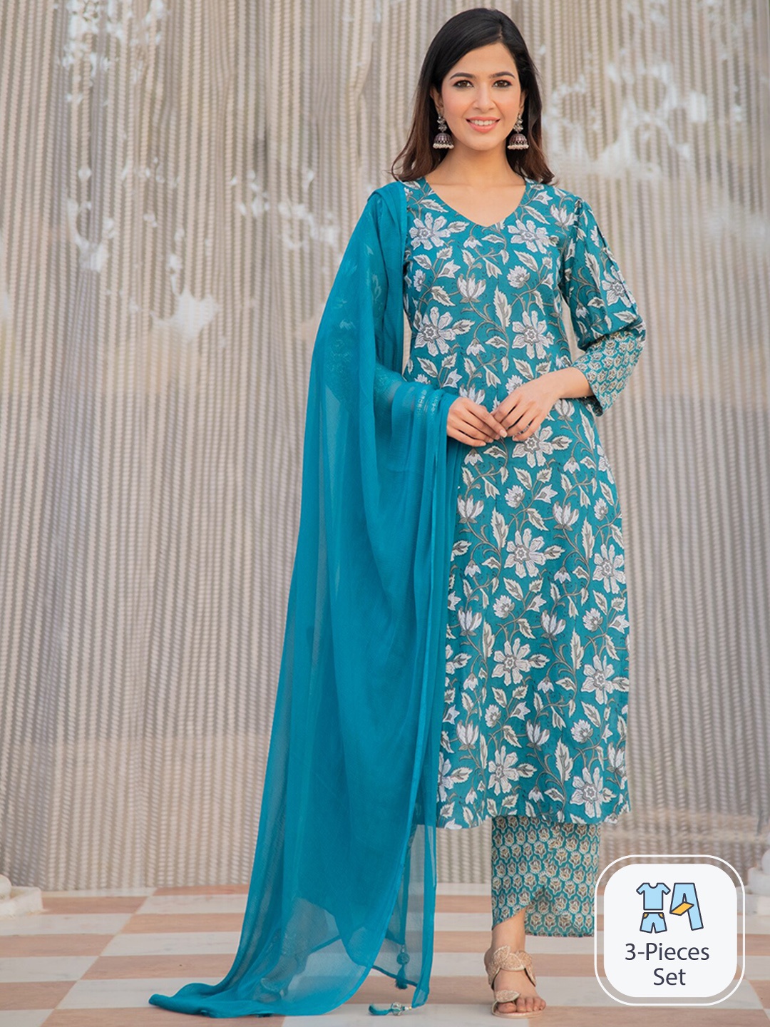 

PINKVILLE JAIPUR Floral Printed Regular Pure Cotton Kurta with Trousers & Dupatta, Teal