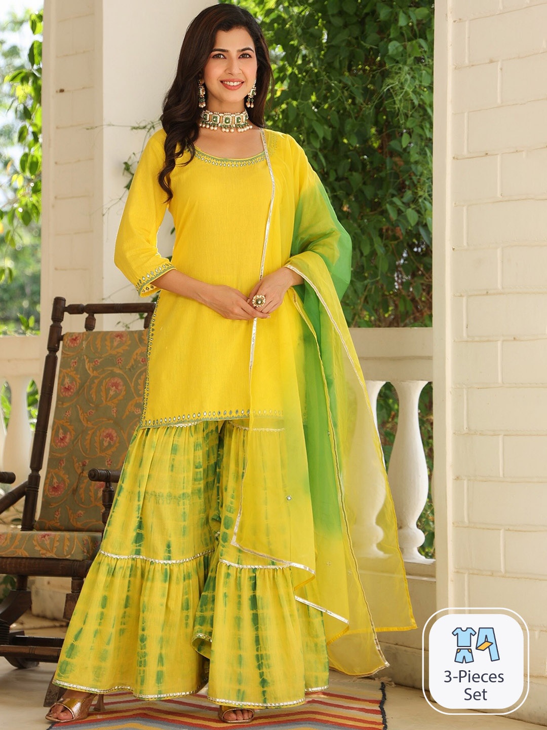 PINKVILLE JAIPUR Straight Mirror Work Pure Cotton Kurti with Sharara & Dupatta, Yellow