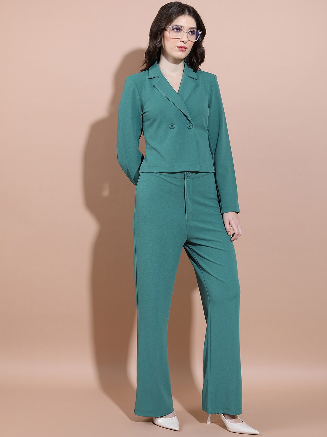 

Ketch Lapel Neck Double Breasted Blazer With Wide Leg Trousers, Teal