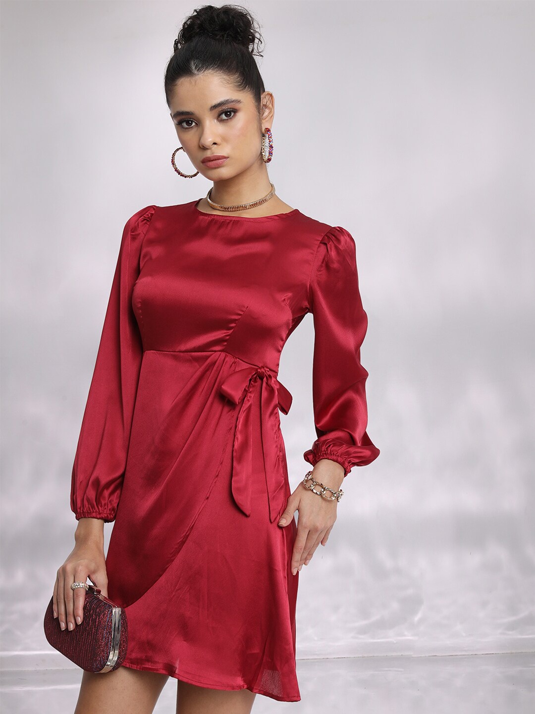 

KETCH Puff Sleeves Tie-Up & Layered Detail Satin A-Line Dress, Maroon
