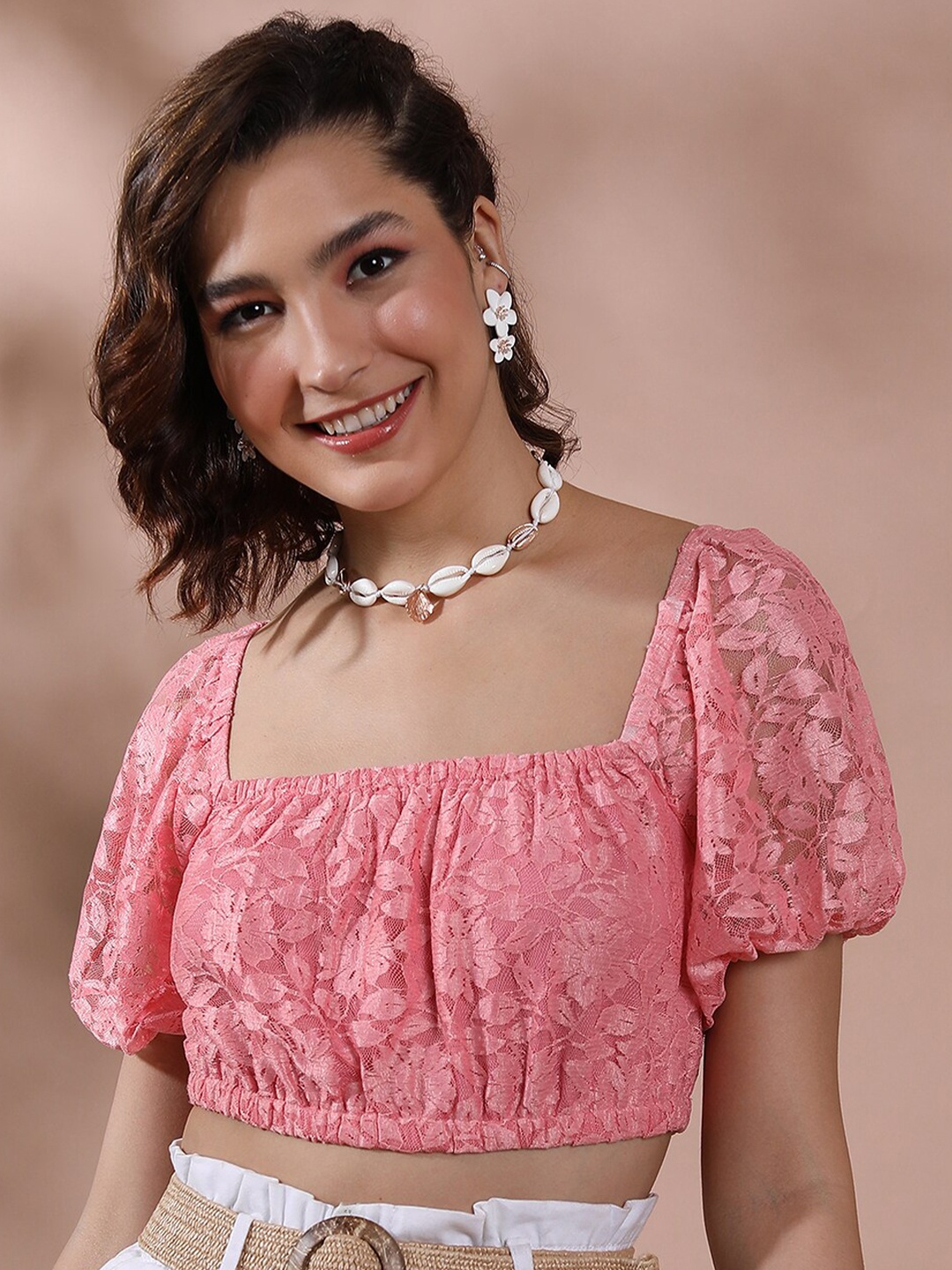 

KETCH Floral Self Design Puff Sleeves Top, Pink