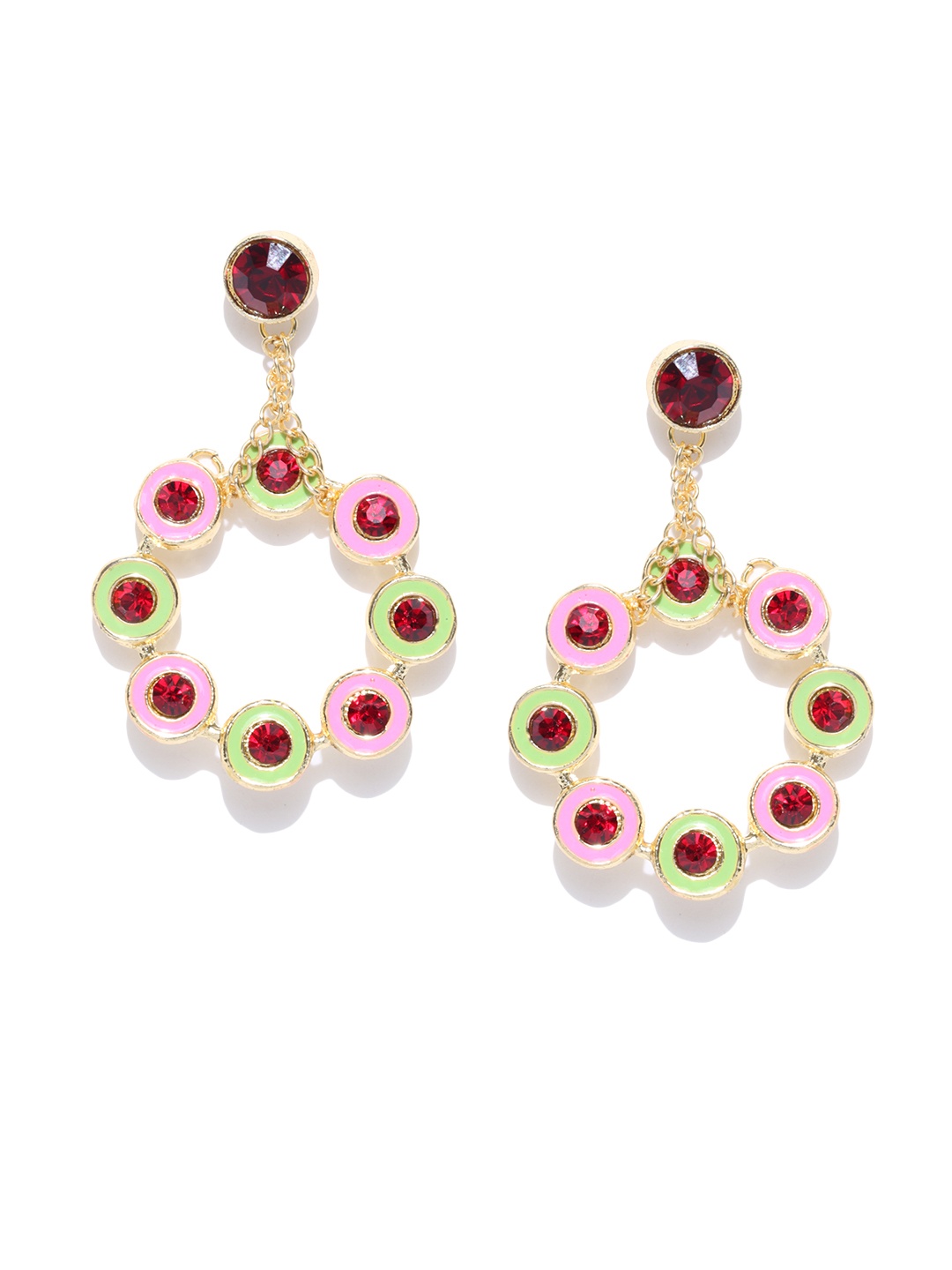 

Crunchy Fashion Gold-Toned & Pink Circular Drop Earrings