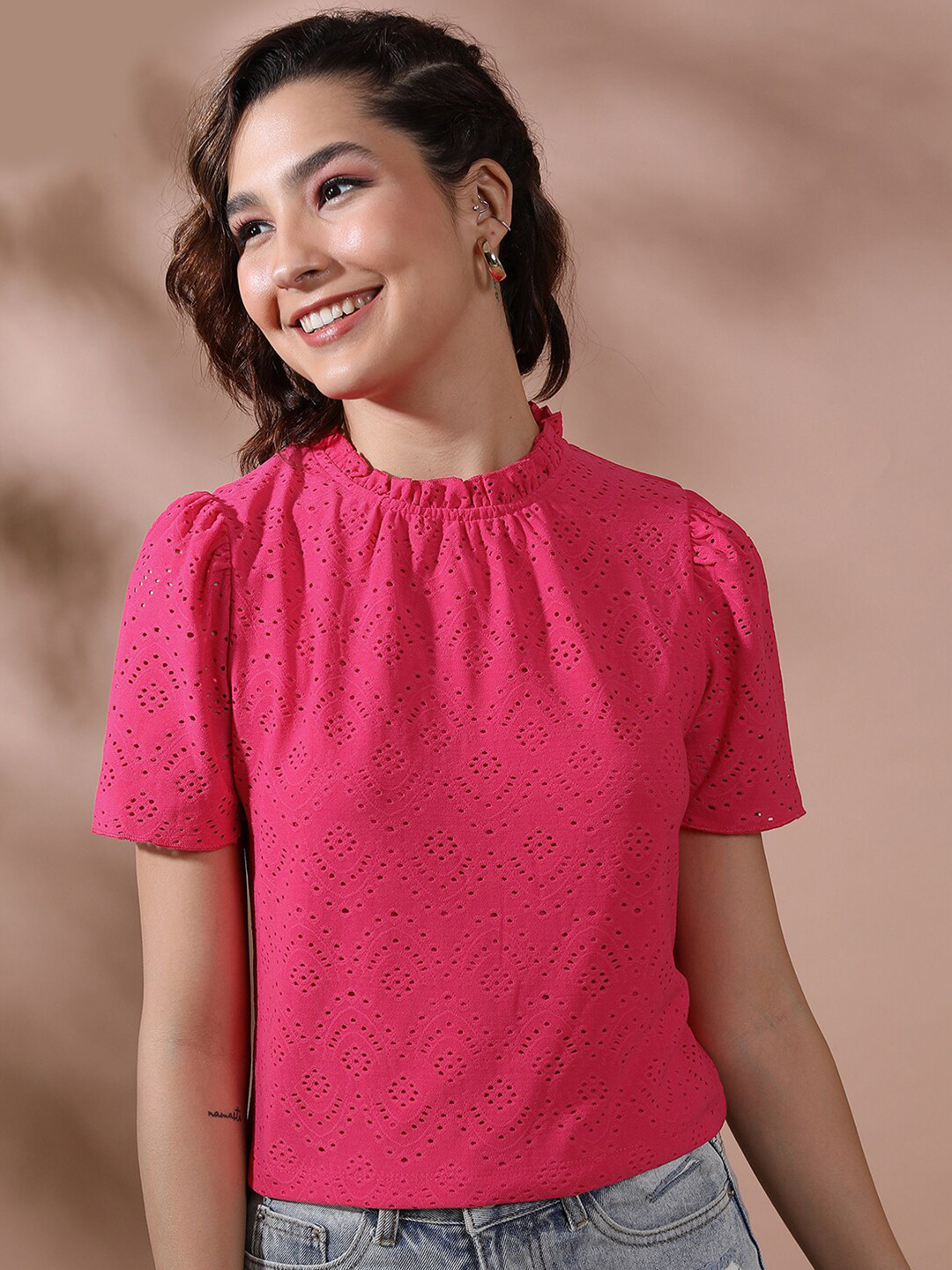 

KETCH Self Design Round Neck Puff Sleeves Top, Pink