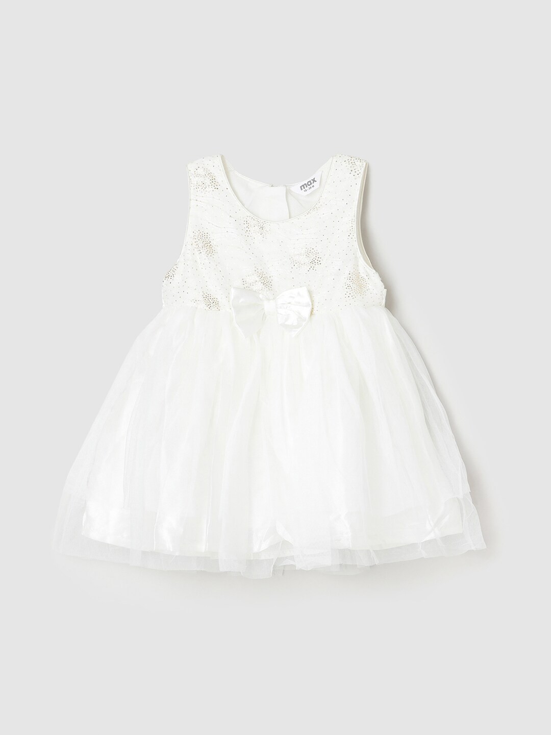 

max Infant Girls Self Design Gathered Bow Detail Pure Cotton Fit and Flare Dress, White