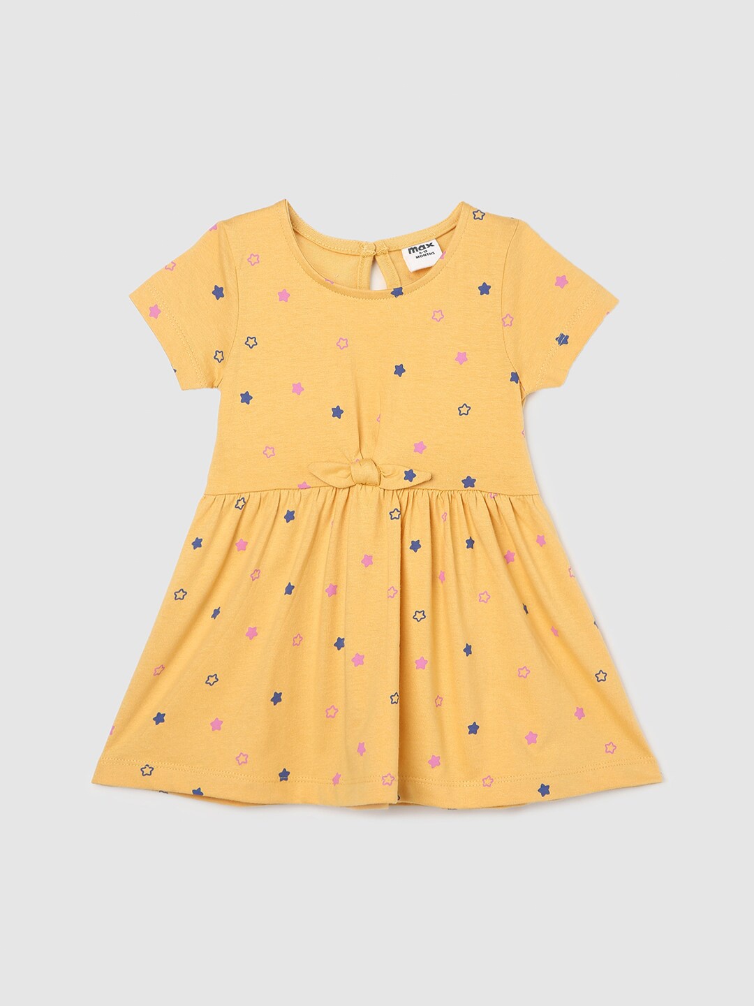 

max Infant Girls Conversational Printed Gathered Pure Cotton A-Line Dress, Yellow