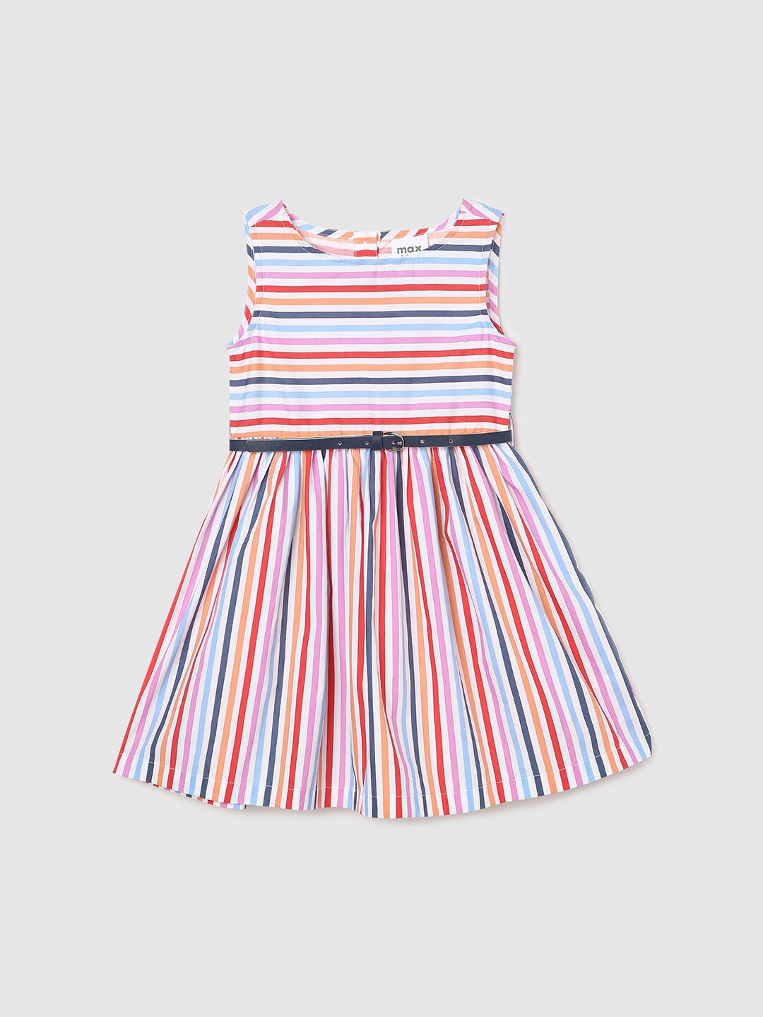 

max Girls Striped Belted Pure Cotton A-Line Dress, White