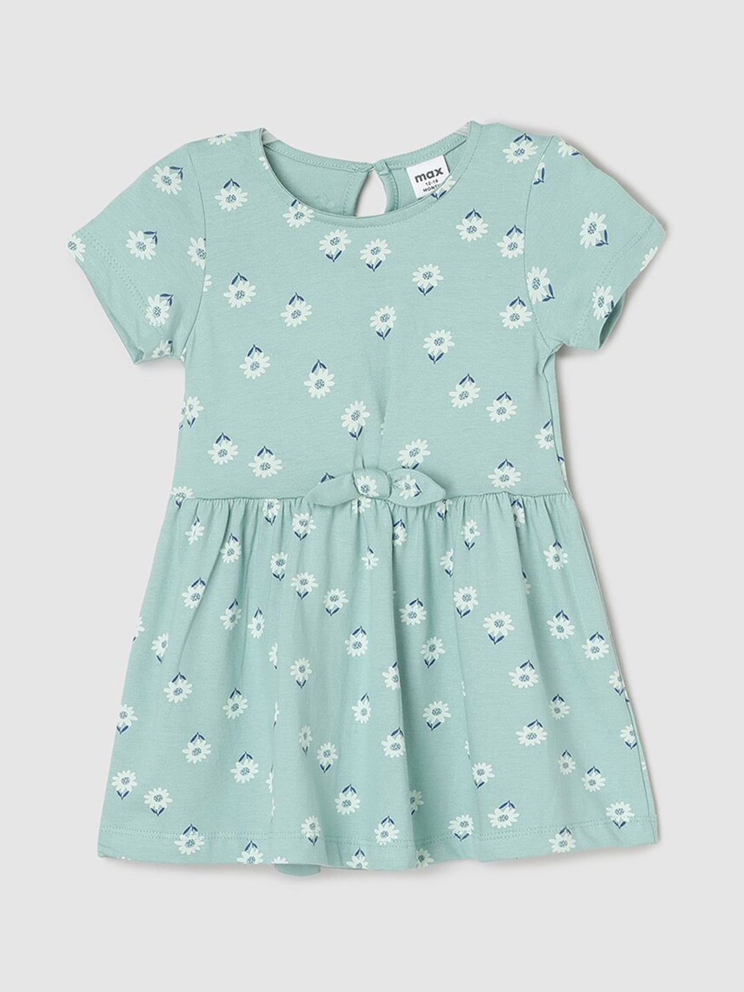 

max Infant Girls Floral Printed Gathered Pure Cotton A-Line Dress, Green
