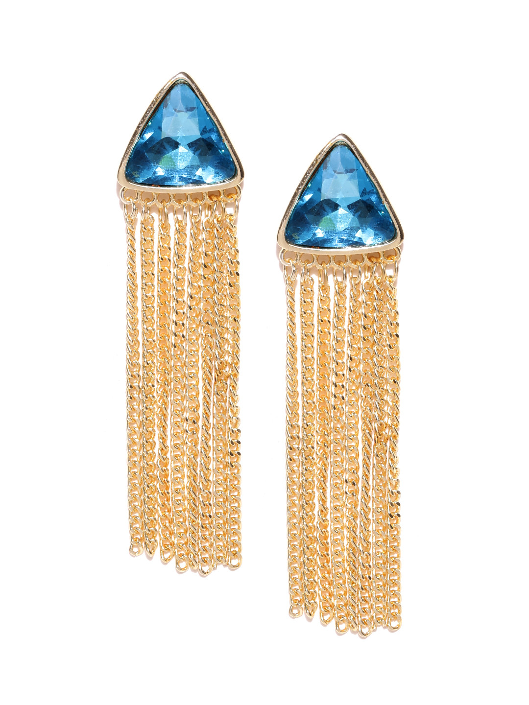 

Crunchy Fashion Gold-Toned & Blue Stone-Studded Triangular Tasselled Earrings