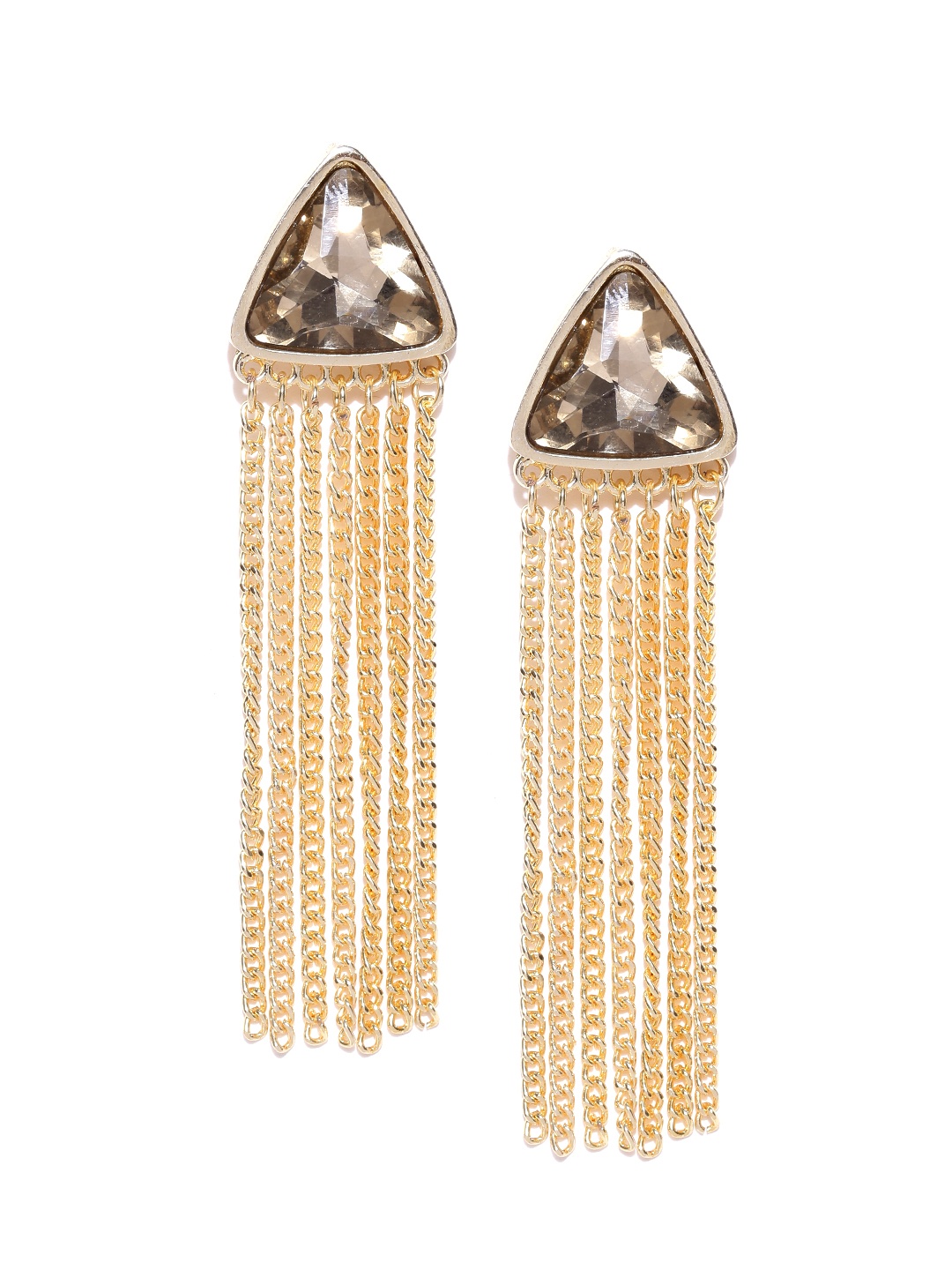 

Crunchy Fashion Gold-Toned & Brown Stone-Studded Triangular Tasselled Earrings