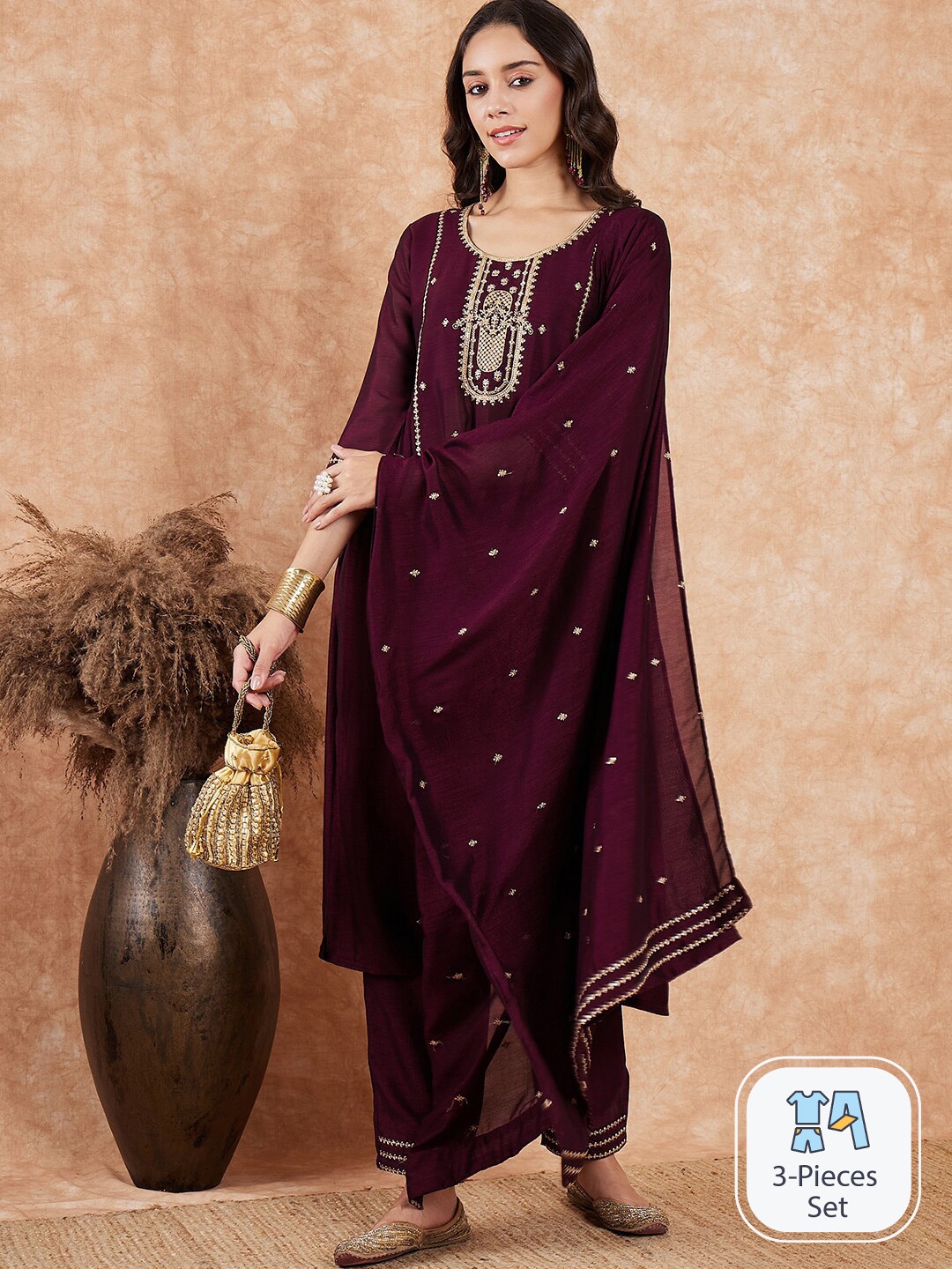 

Sangria Maroon Ethnic Motifs Embroidered A-Line Sequinned Kurta With Trouser & Dupatta