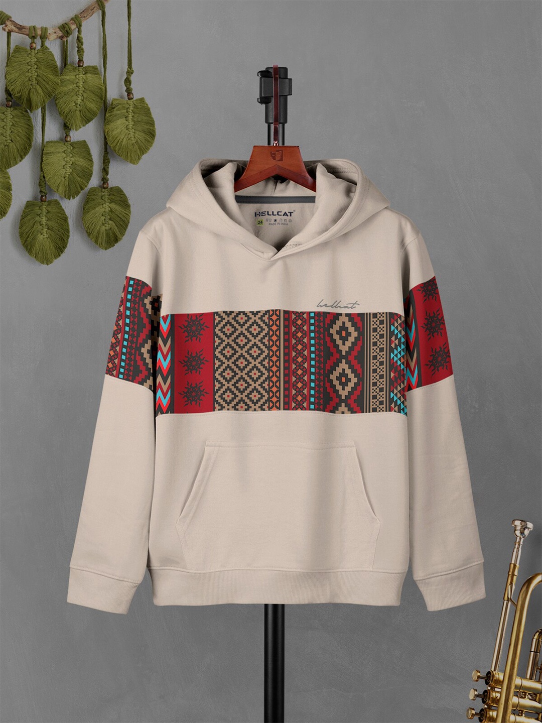 

HELLCAT Boys Geometric Printed Hooded Pullover Sweatshirt, Beige