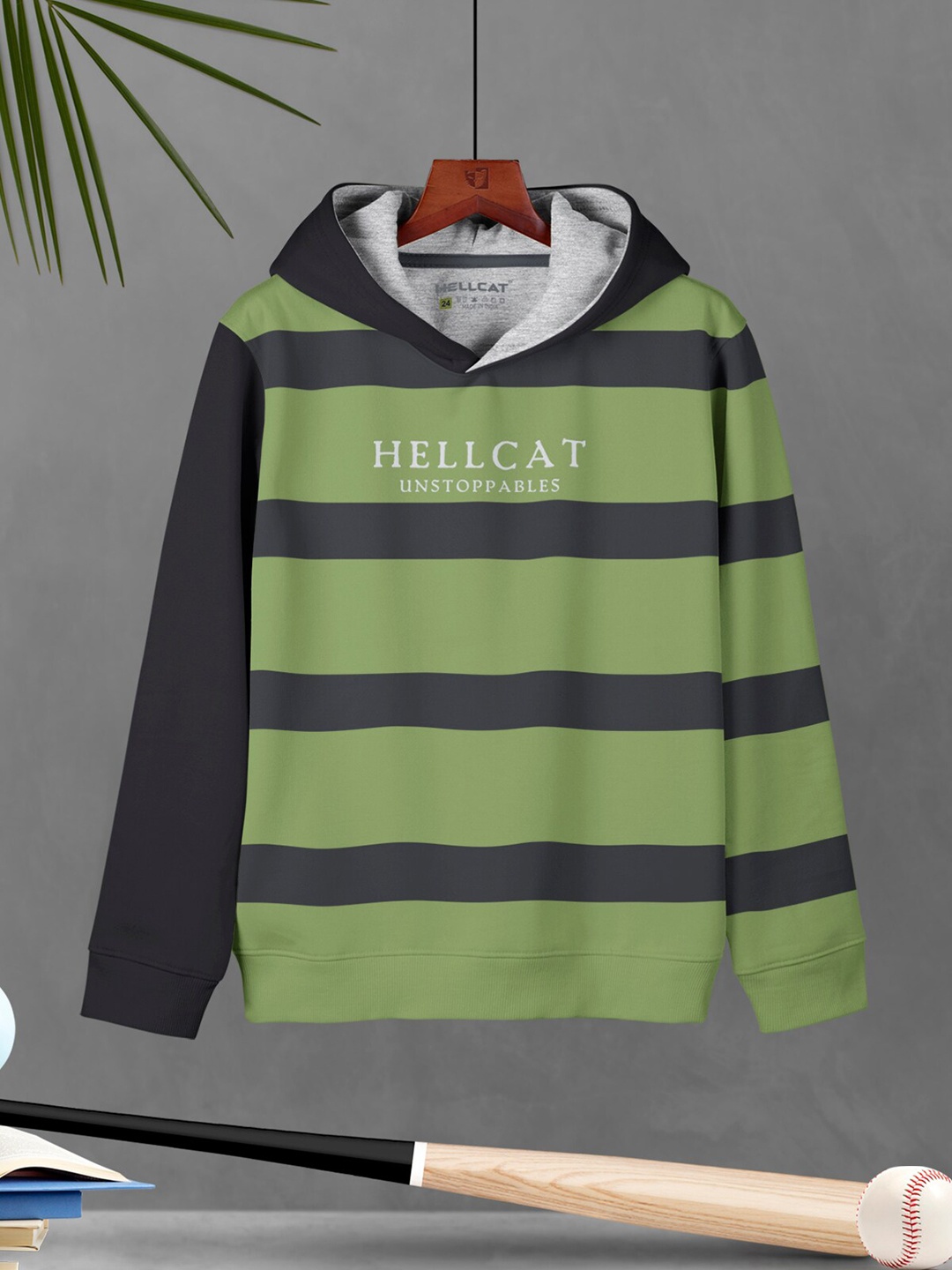 

HELLCAT Boys Striped Hooded Cotton Pullover, Green