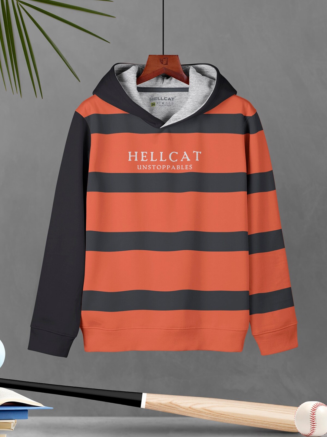 

HELLCAT Boys Typography Printed Hooded Long Sleeves Cotton Pullover, Orange