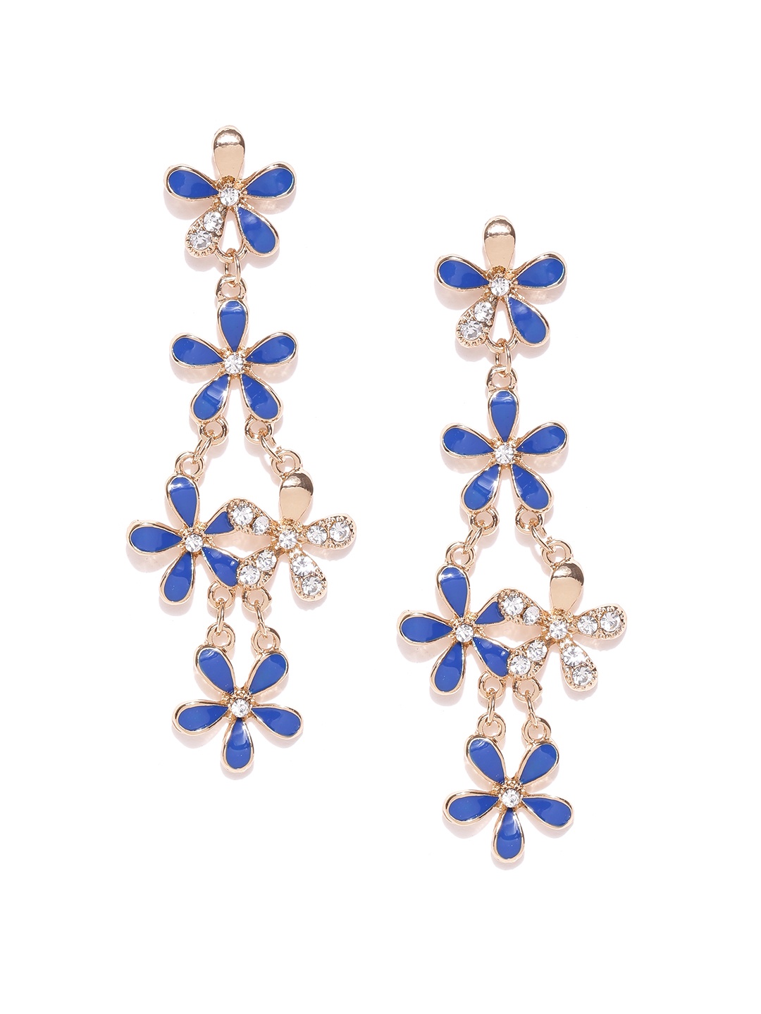 

Crunchy Fashion Blue & Gold-Toned Stoned-Studded Floral Drop Earrings