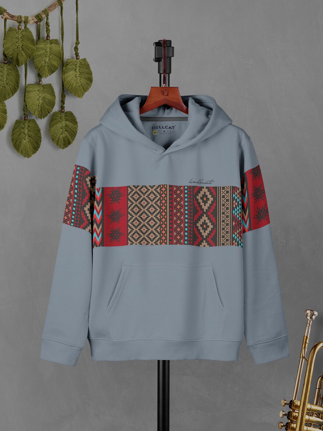 

HELLCAT Boys Tribal Printed Hooded Sweatshirt, Grey