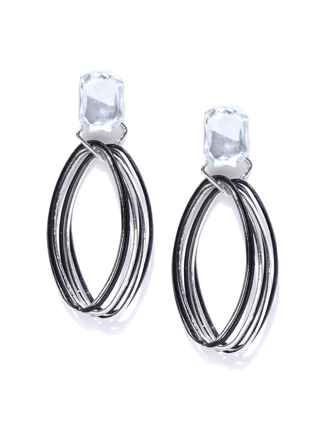 

Crunchy Fashion Silver-Toned & Black Oval Drop Earrings