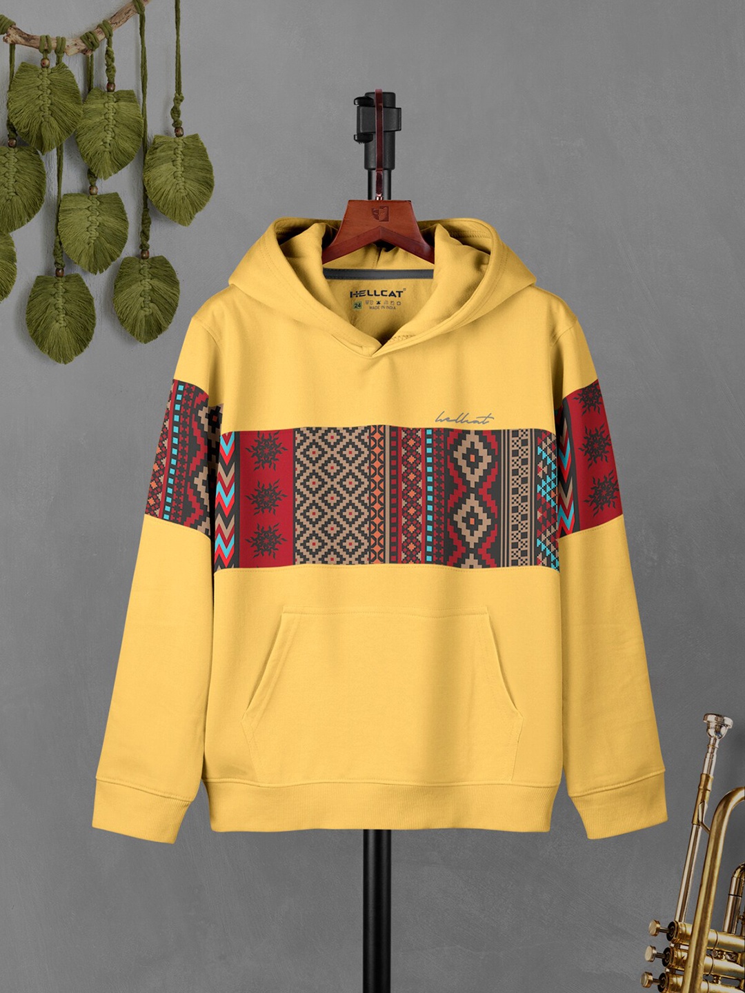 

HELLCAT Boys Tribal Printed Hooded Pullover, Mustard