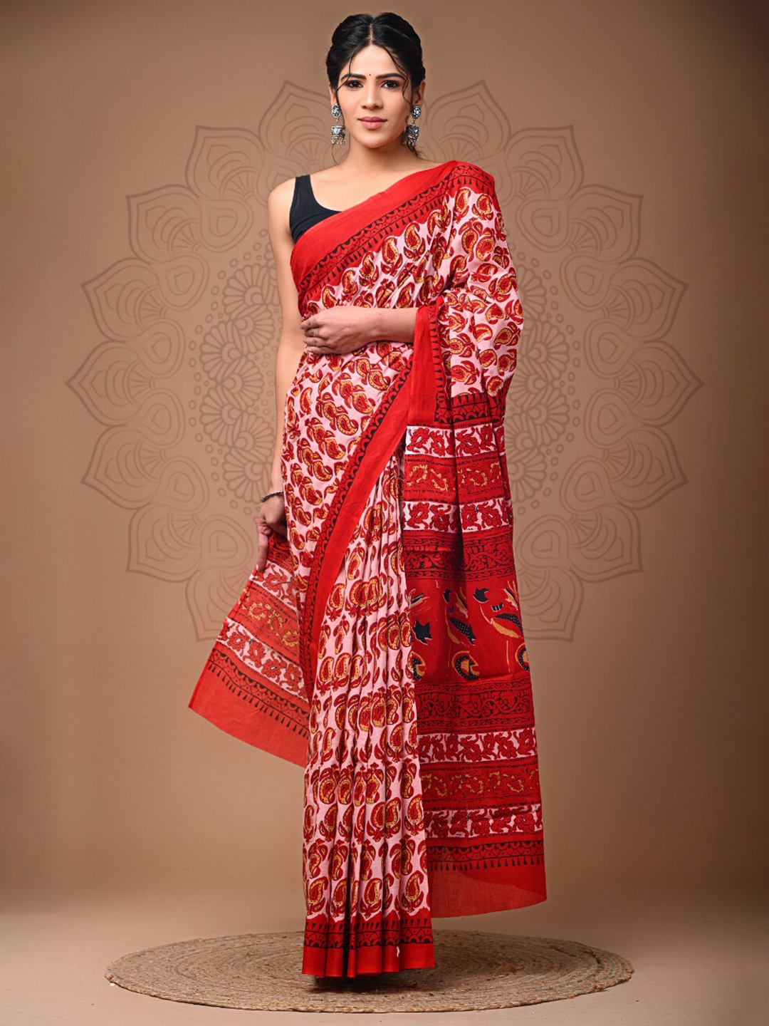 

BUTA BUTI Paisley Printed Pure Cotton Saree, Red