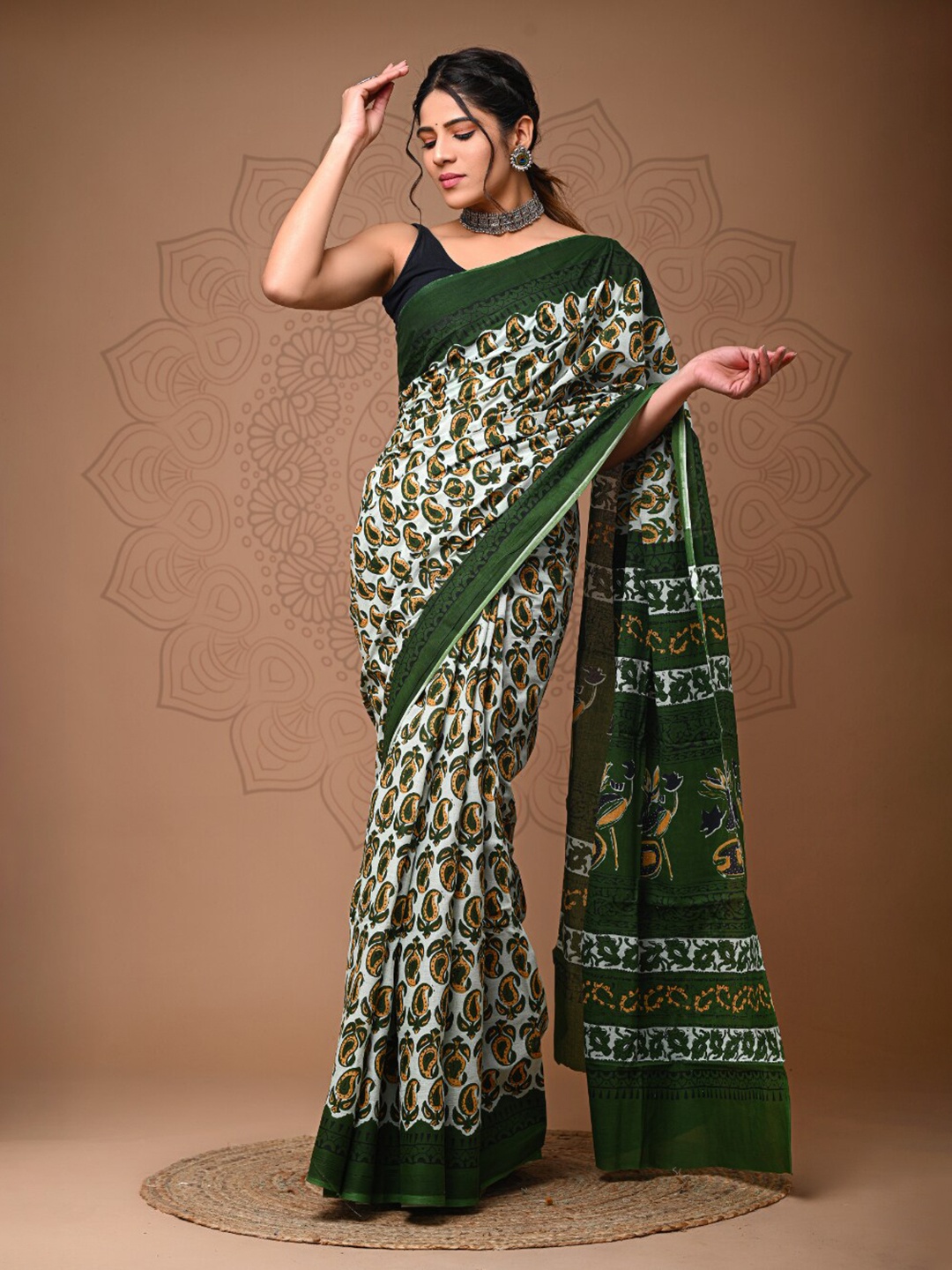 

BUTA BUTI Paisley Printed Pure Cotton Saree, Green