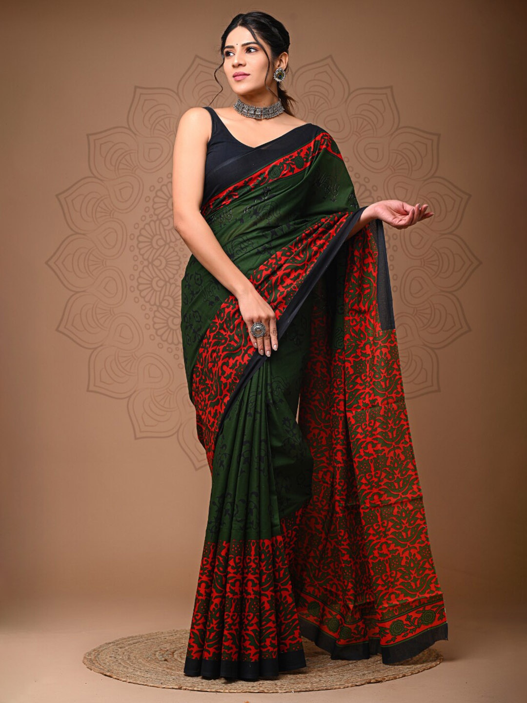 

BUTA BUTI Ethnic Motifs Printed Pure Cotton Saree, Green