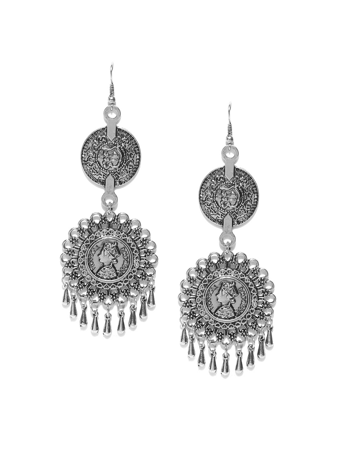 

Crunchy Fashion Oxidised Silver-Toned Circular Drop Earrings