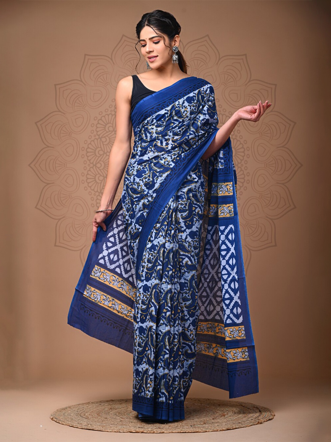 

BUTA BUTI Floral Printed Pure Cotton Saree, Blue