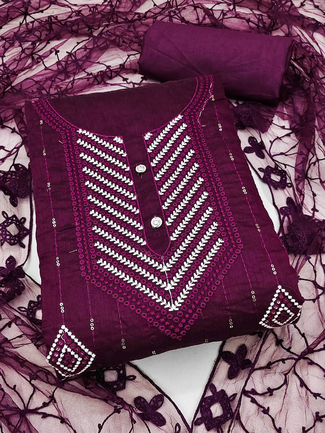 

KALINI Floral Embroidered Sequinned Unstitched Dress Material, Purple