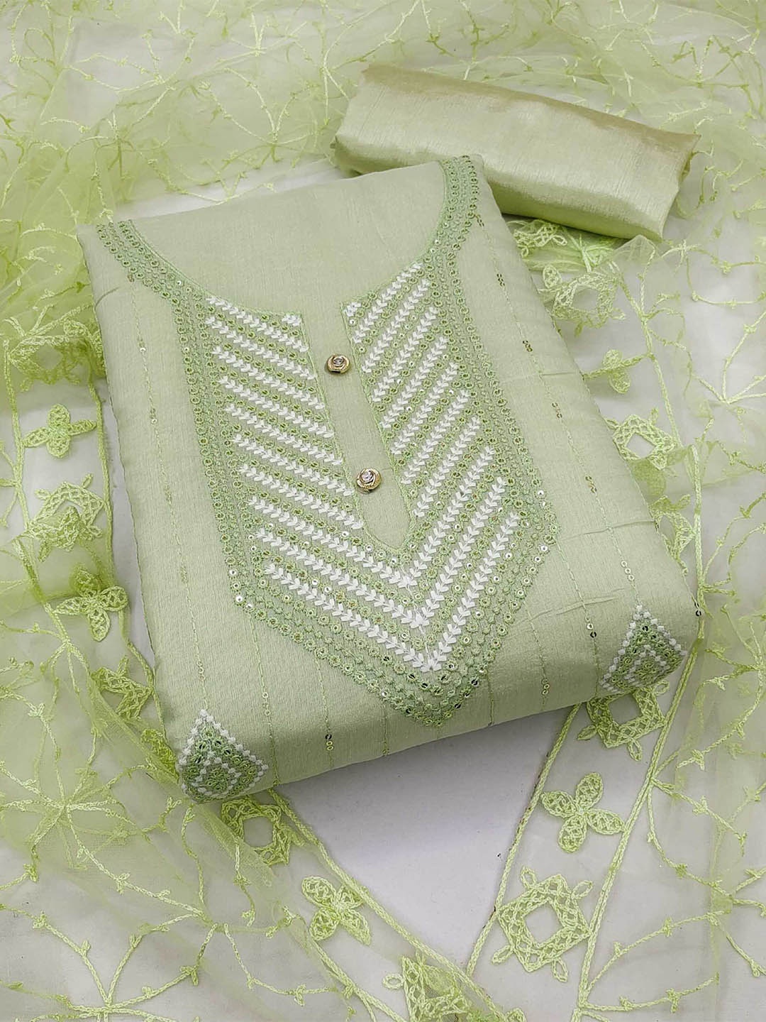 

KALINI Floral Embroidered Sequinned Unstitched Dress Material, Green