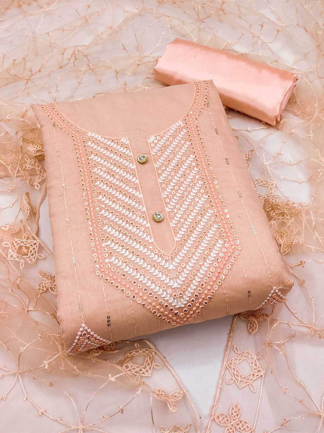 

KALINI Ethnic Motif Embroidered Unstitched Dress Material, Peach
