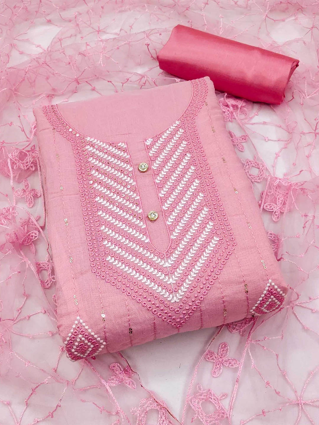 

KALINI Ethnic Embroidered Sequinned Art Silk Unstitched Dress Material, Pink