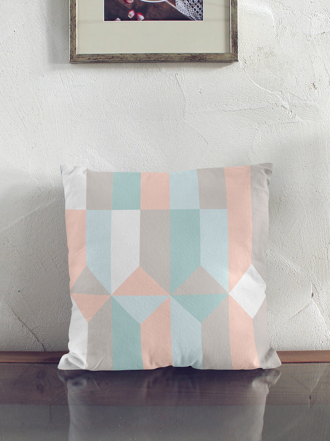 

Encasa Homes White & Peach-Coloured 2 Pieces Geometric Cotton Square Cushion Covers