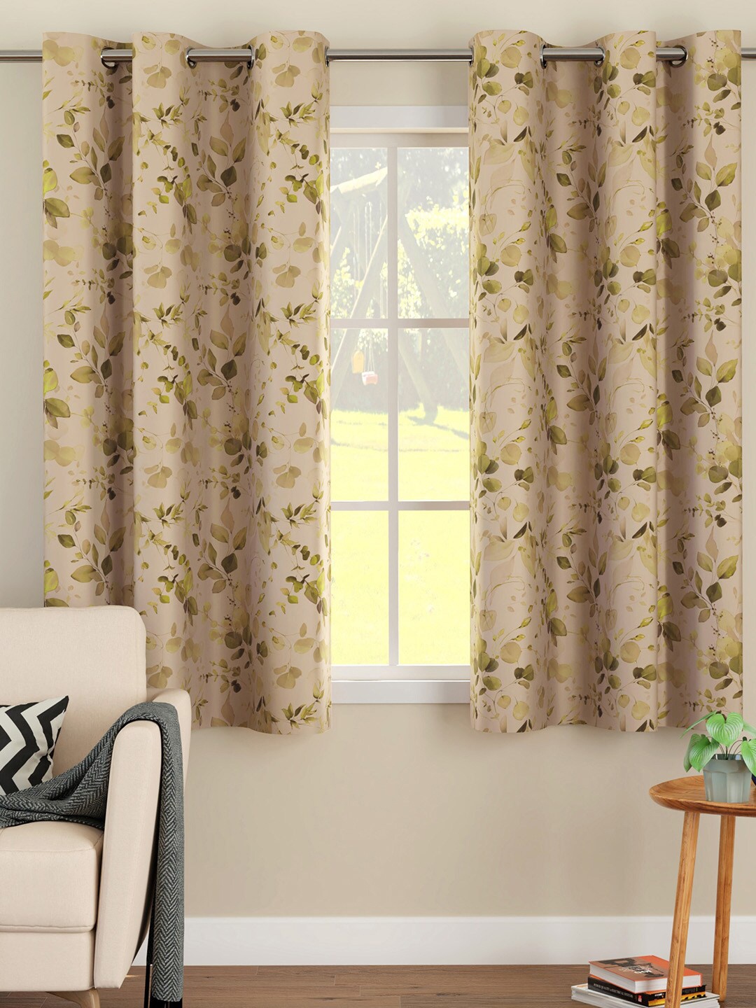 

Encasa Homes Olive Green & Cream-Coloured 2 Pieces Floral Black Out Window Curtains
