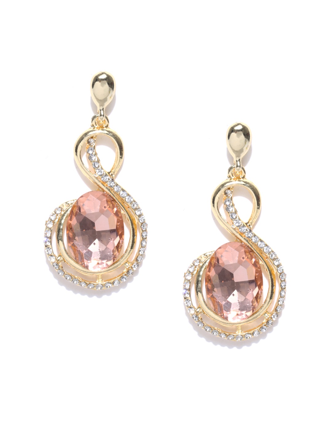 

Crunchy Fashion Gold-Toned & Peach-Coloured Stone-Studded Drop Earrings