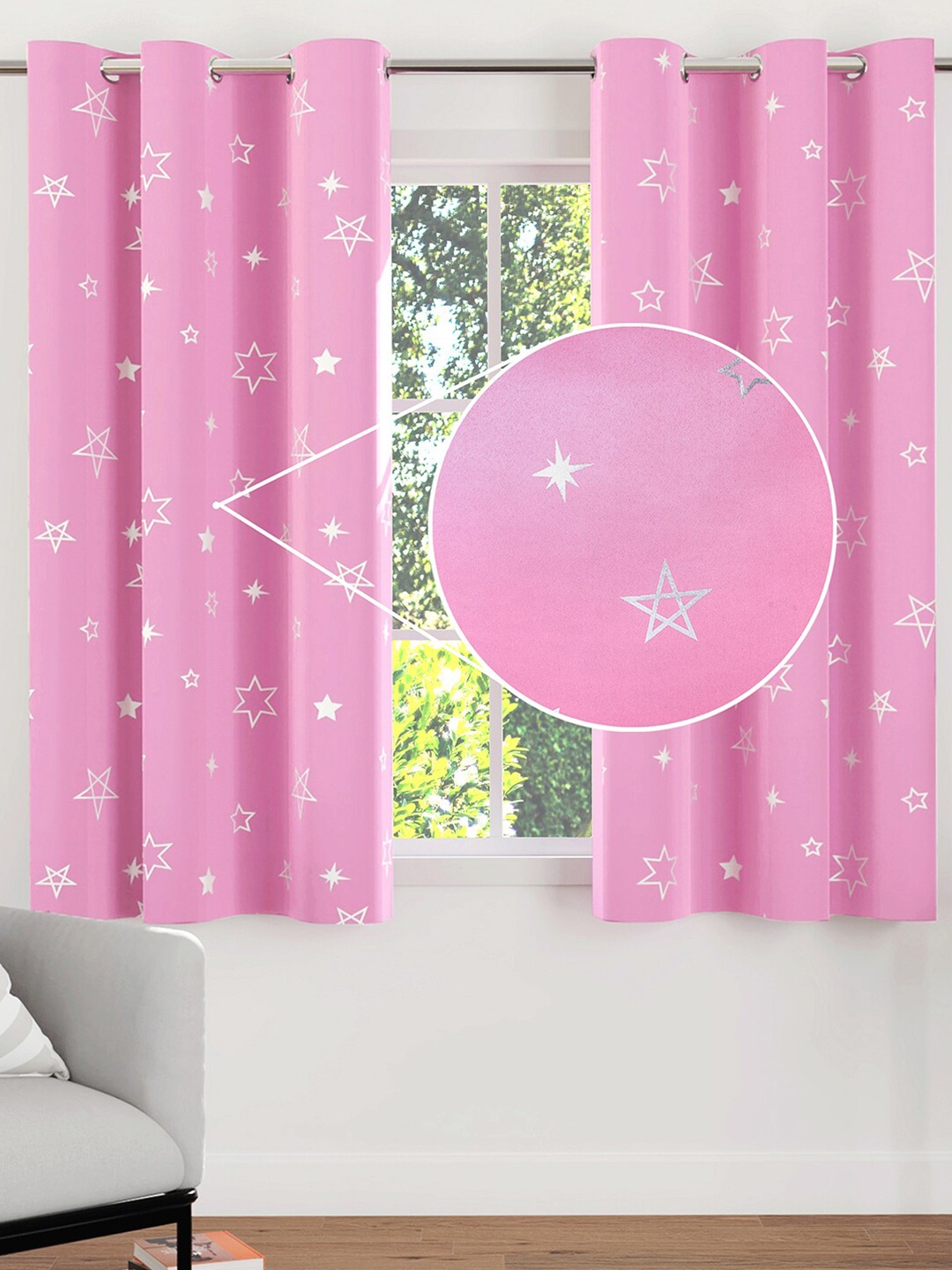 

Encasa Homes Pink & White 2 Pieces Geometric Black Out Window Curtains