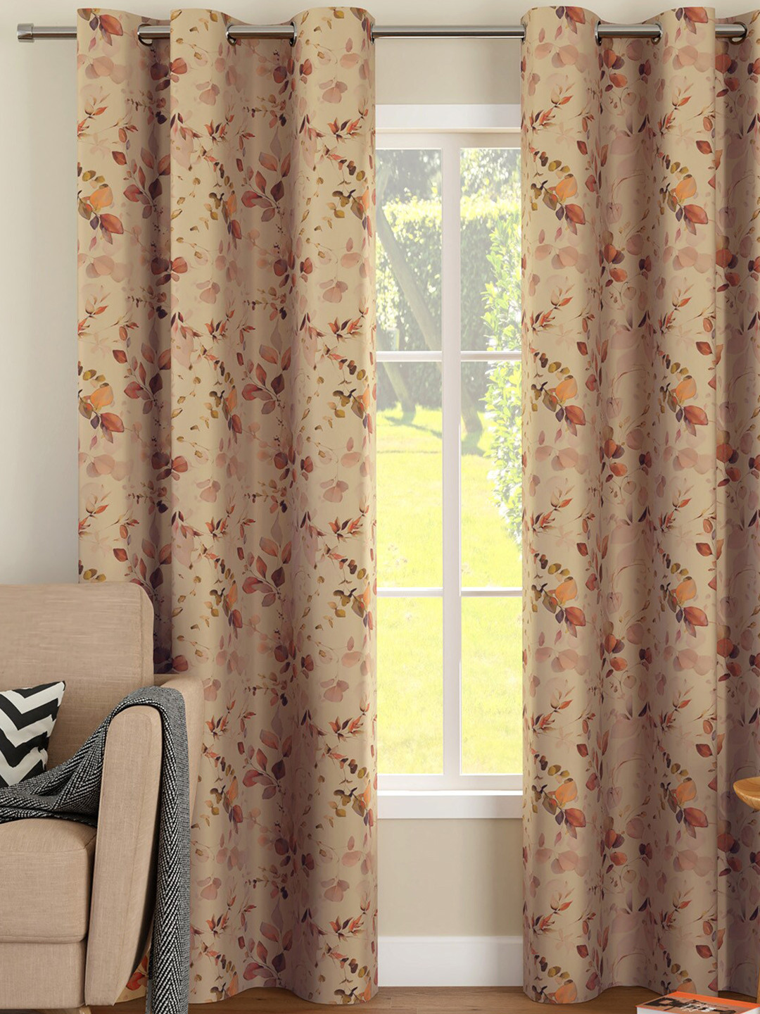 

Encasa Homes Orange & Brown 2 Pieces Floral Printed Black Out Door Curtains