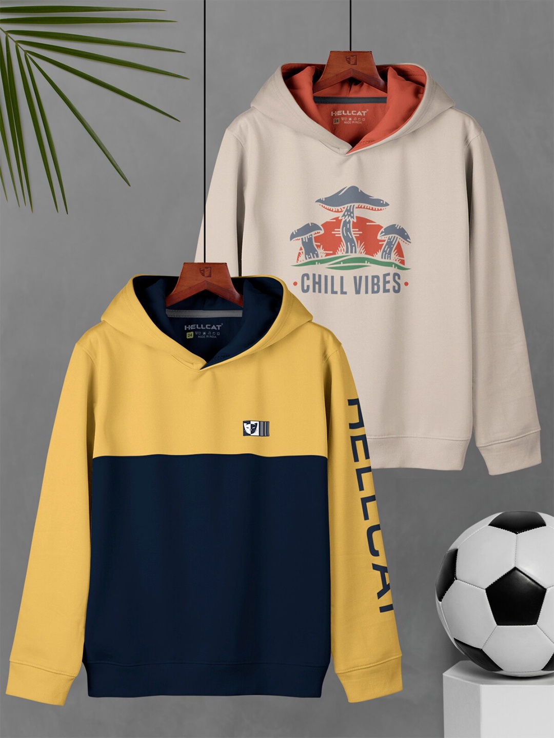 

HELLCAT Boys Pack Of 2 Typography Printed Hooded Cotton Pullover, Yellow